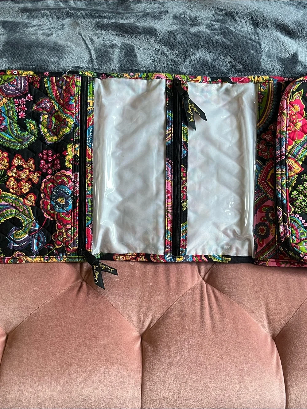 Vera Bradley Black Quilted Cosmetic Organizer with Bright Floral Paisley